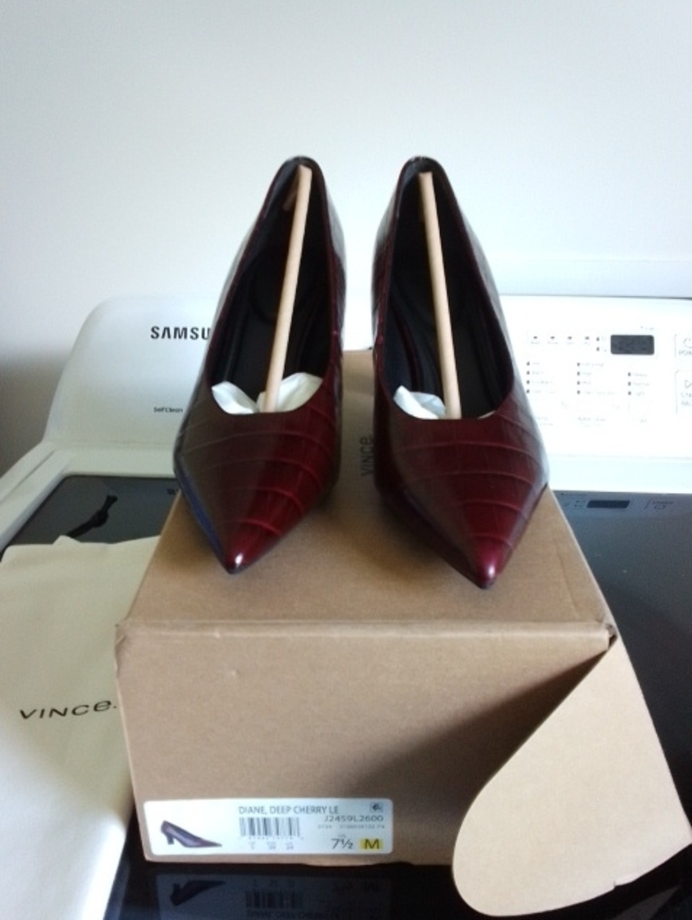 Vince Pointed Toe Pump in Deep Cherry Croco Patent Leather Shoes